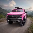 Mini caminhonete rosa infantil 12V com faróis LED, rodas grandes e volante funcional, ideal para meninas se divertirem com estilo