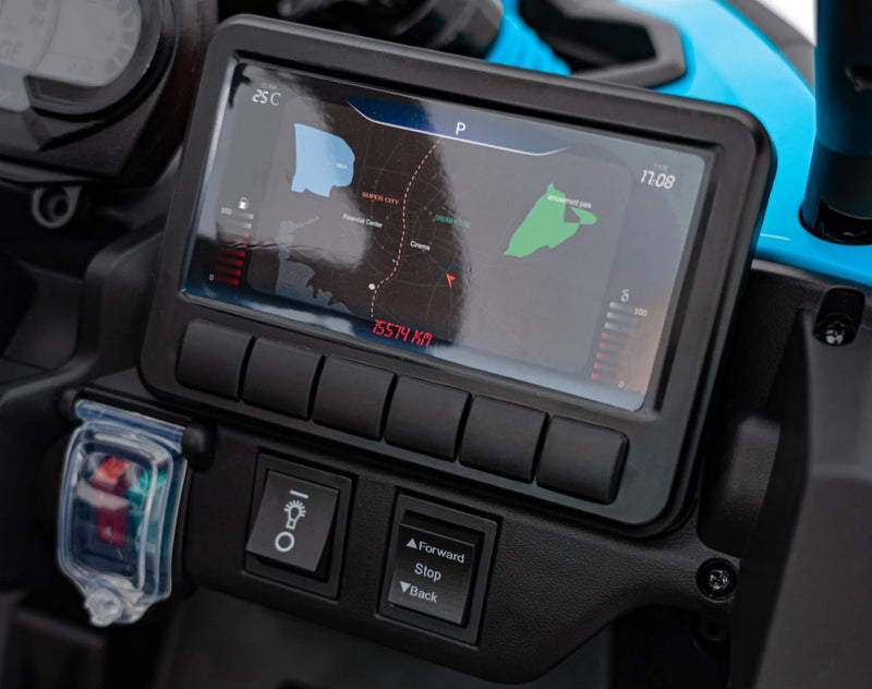 Mini Jeep 24V Can Am Maverick Azul com sistema de som Bluetooth e rodas de tração